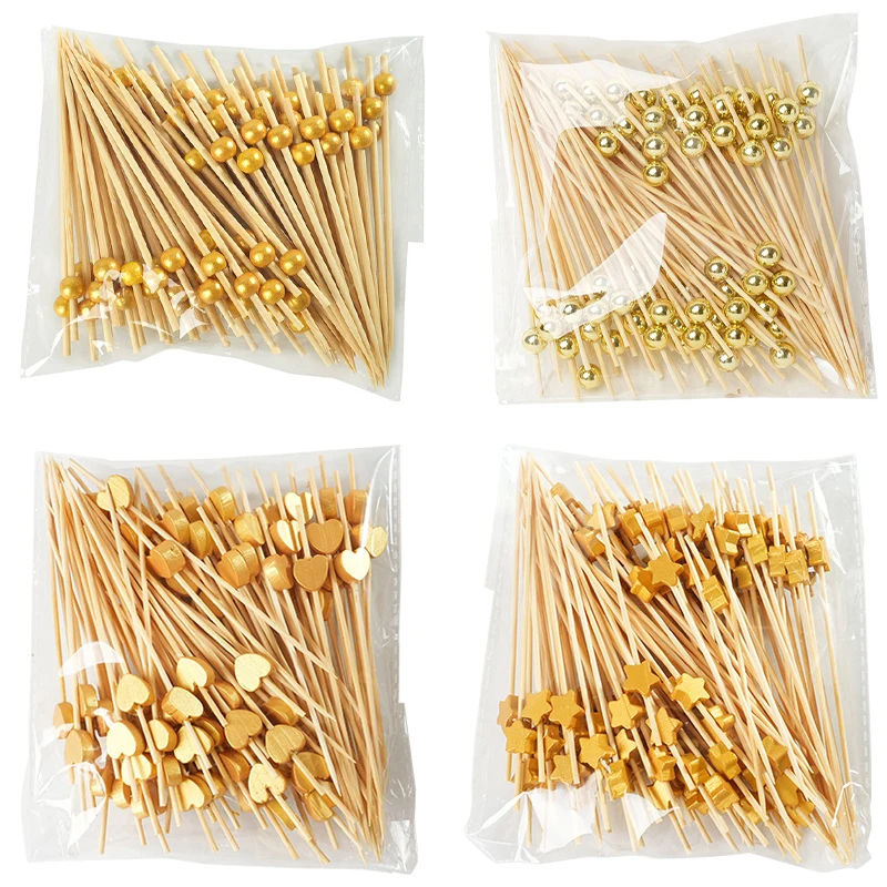 100 peças palitos de bambu dourados, coquetel, aperitivo, palitos de arte de frutas para bebidas, palitos de comida de madeira, materiais de decoração