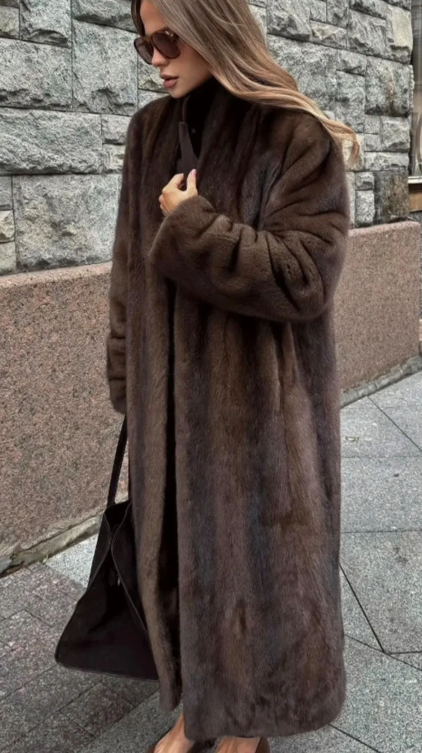 Luxury Faux Fur Maxi Coat Chic Open Front Stand‑collar Long Sleeve Oversized Outerwear Winter Women Fashion Autumn Warm 2026 New