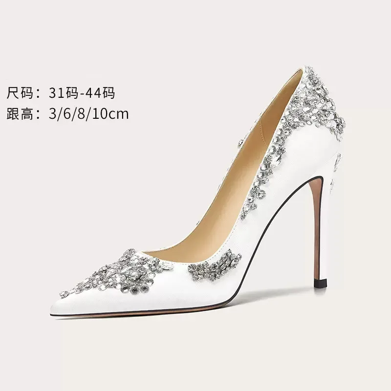 Spring and summer new pointy rhinestone silk wedding shoes with thin high heels, banquet dress, large and small women's shoes