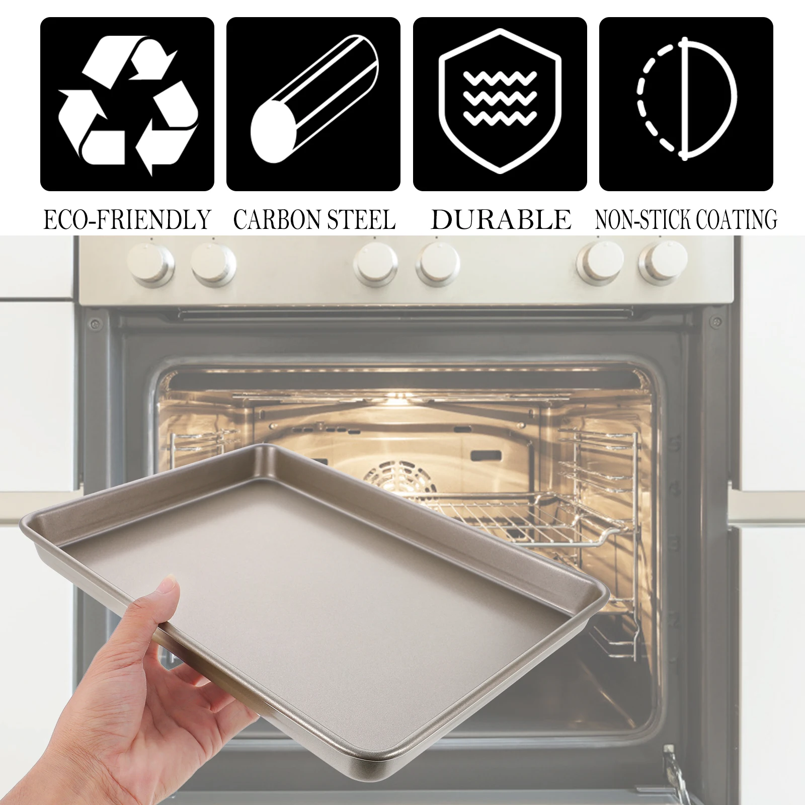 

Golden 12 Inch Rectangular Nonstick Carbon Steel Baking Pan Pizza Tray Easy Clean Heavy Duty Kitchen Tool