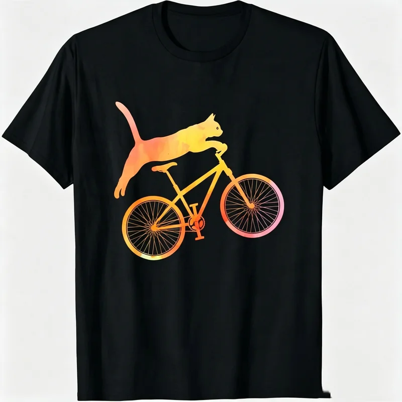 Orange Gradient Cat Riding Bicycle Graphic T Shirt Premium Soft Cotton Short Sleeve Street Casual Daily Wear Animal Print Tee