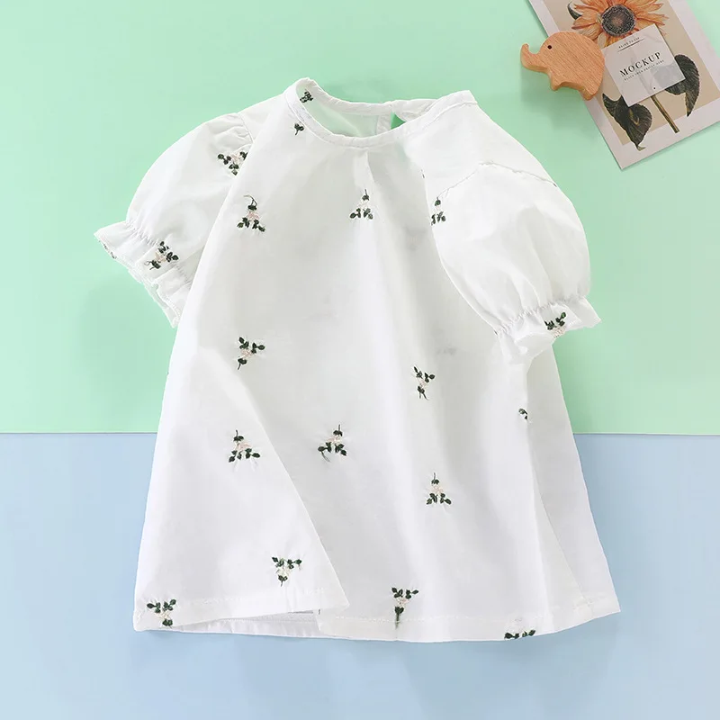 Girls T-shirt Summer Dress Baby Girl Korean Version Half Sleeved Trendy Flower Bud Sleeve Children\'s Pure Cotton Bottom Top