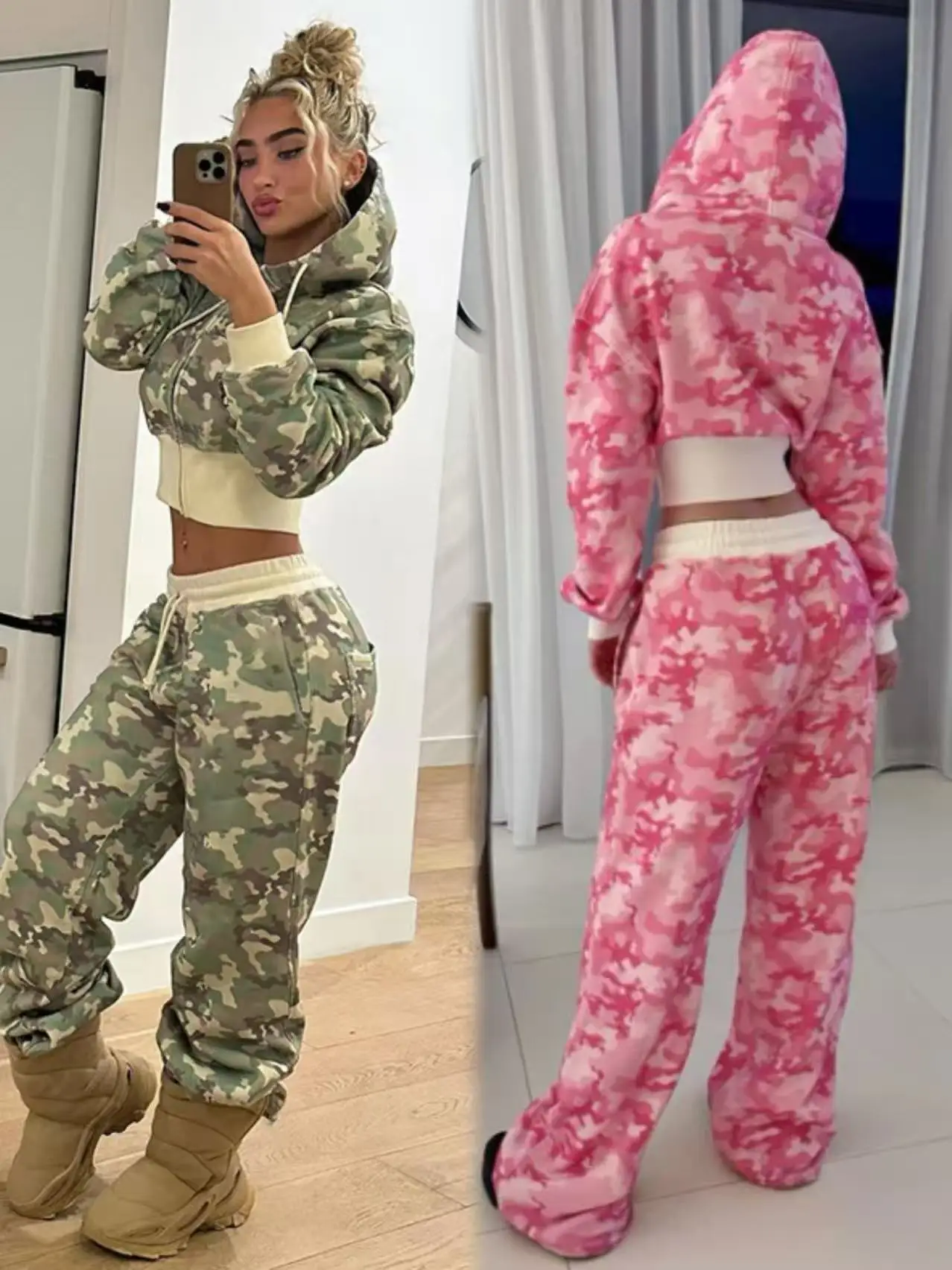 

Women Set Winter Camouflage Long Sleeves Hooded Sweatshirt And Straight Sweatpants Casual Two Piece Set Women Tracksuits Set