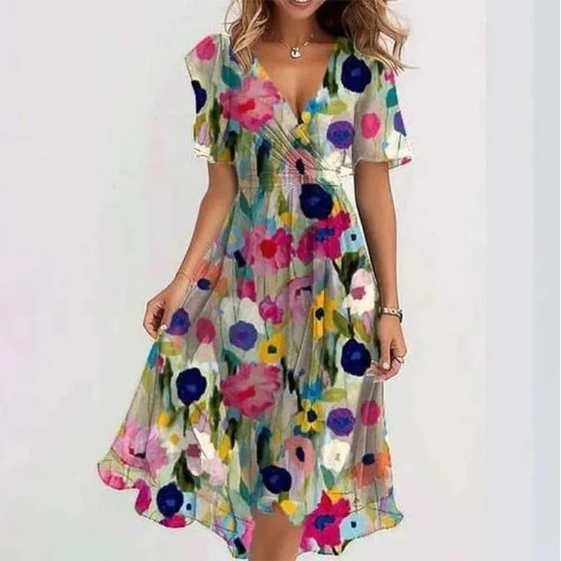 Férias praia elegante floral impressão na altura do joelho vestido para as mulheres 2025 novo solto casual com decote em v boho vestido vermelho femme robe vestidos