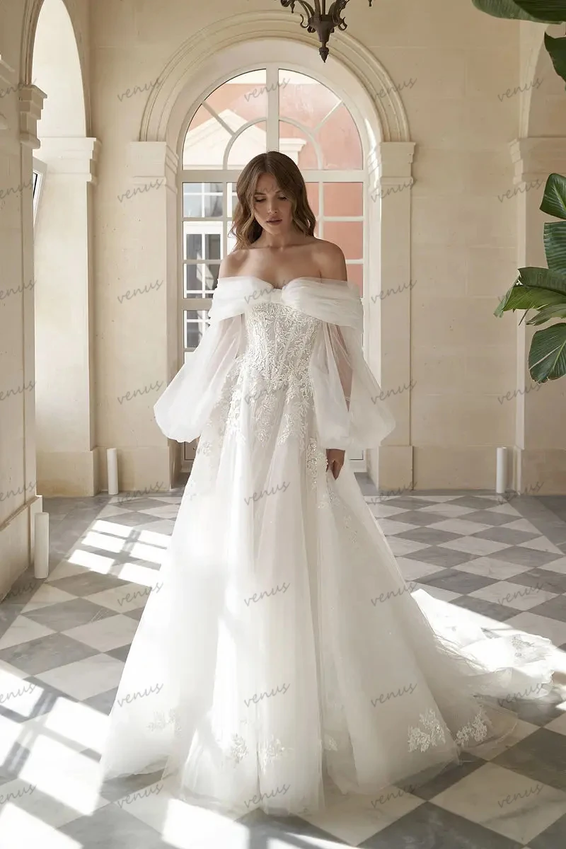 

Classic Wedding Dresses For Women 2024 Elegant Bridal Gowns Off The Shoulder Puff Sleeves A-Line Tulle Robes Vestidos De Novia