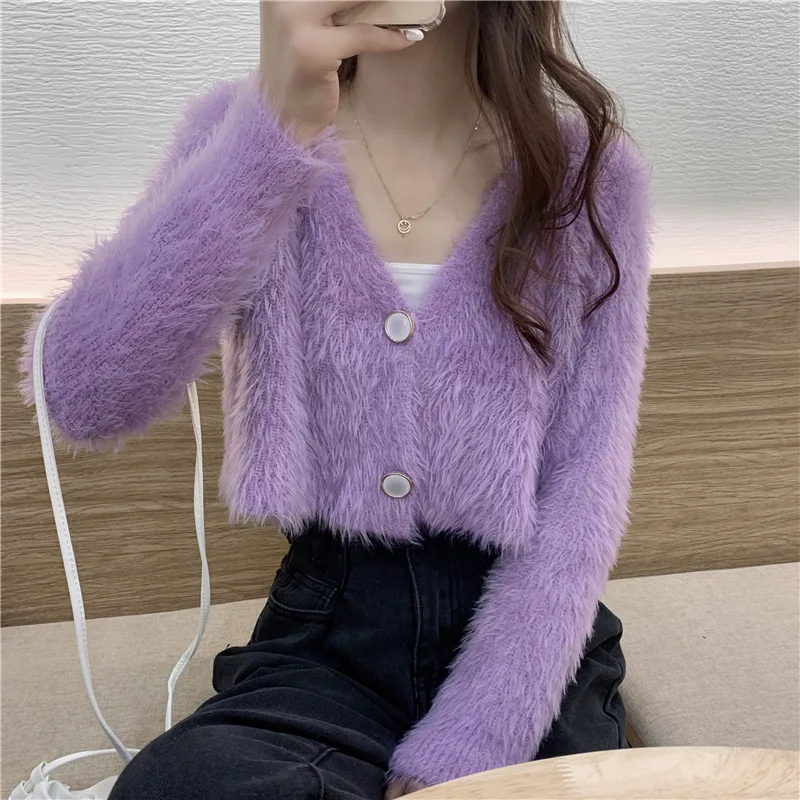 Girl's Lazy Style Knitted Cardigan Sweater Women's Solid Color Imitation Carved Wool Short Style Women's Clothing