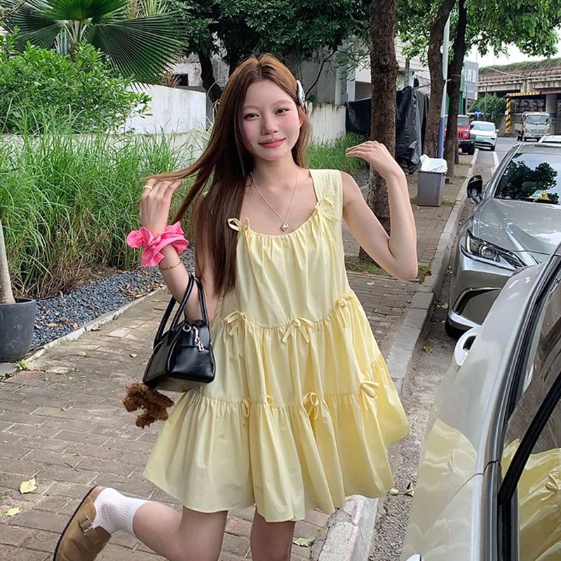 Doce bowknot colete suspender vestido feminino verão férias solto vestidos inchados