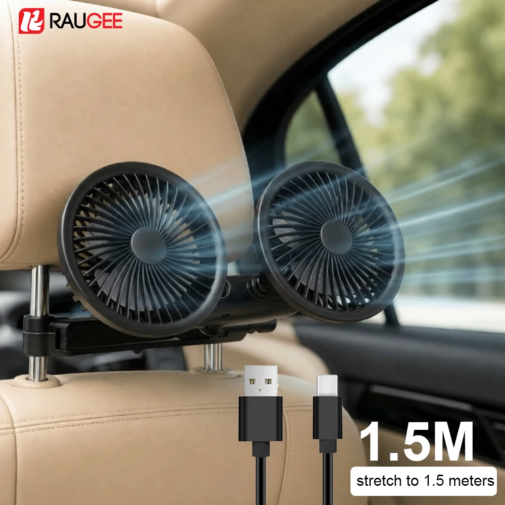 Car Fan Cooling Backseat Fan for Car USB Charge 3-speed Adjustable 360° Rotatable Seat Back Car Dual Head Fan for SUV RV Truck