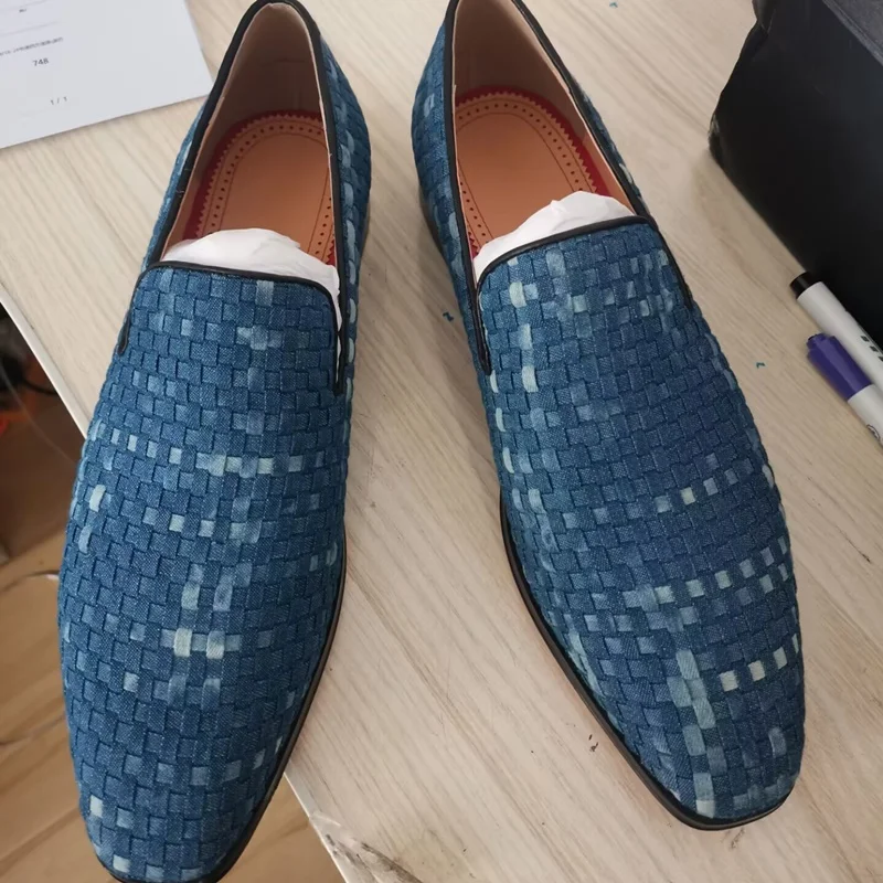 Blue Canvas Shoes Men Fashion Woven Pattern Denim Loafer Shoes Luxury Slip On Casual Shoes Men\'s Flats Slippers