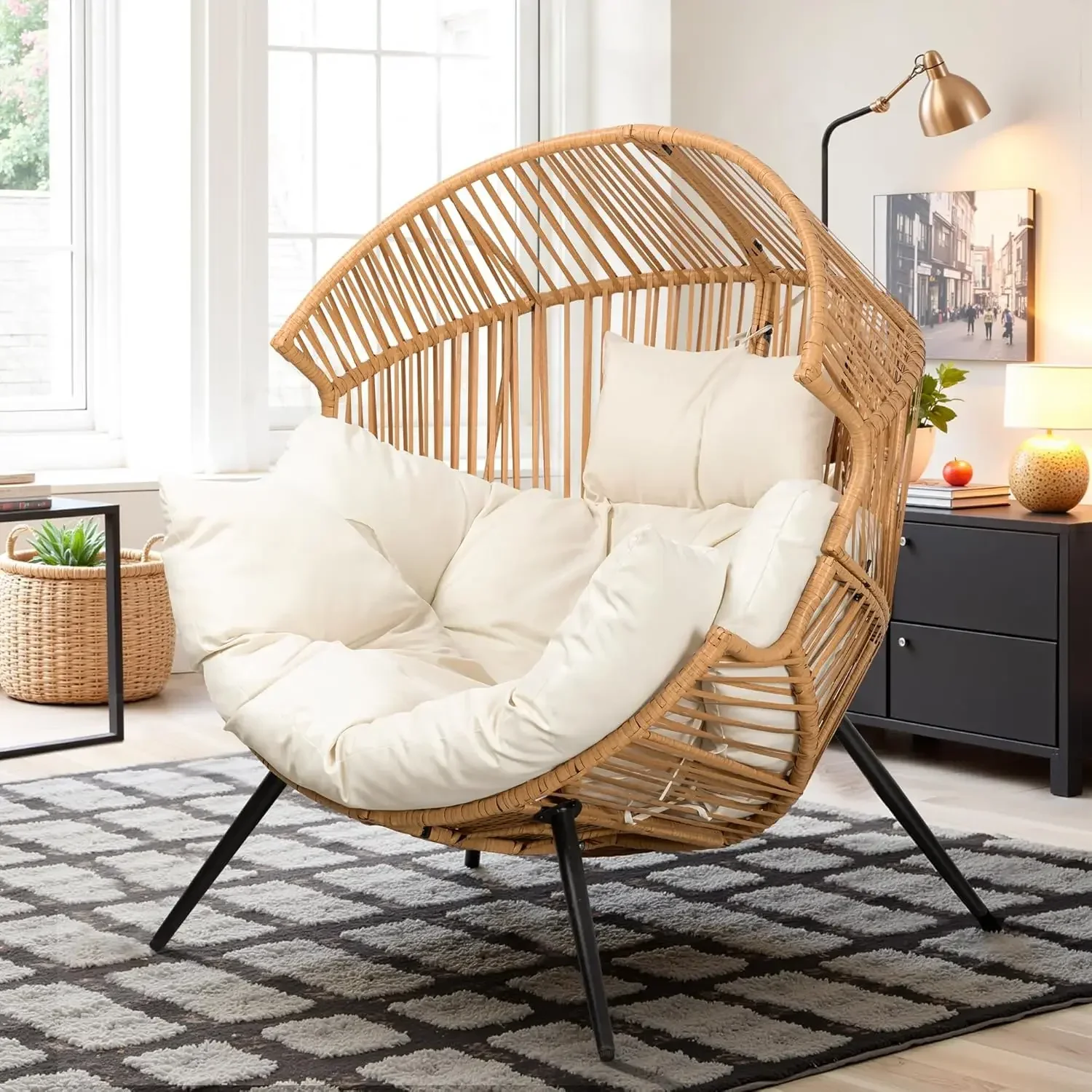 WUNICEF-Chaise en rotin PE avec coussin, chaise longue pour l'extérieur, l'intérieur, le balcon, le jardin, le salon, beige