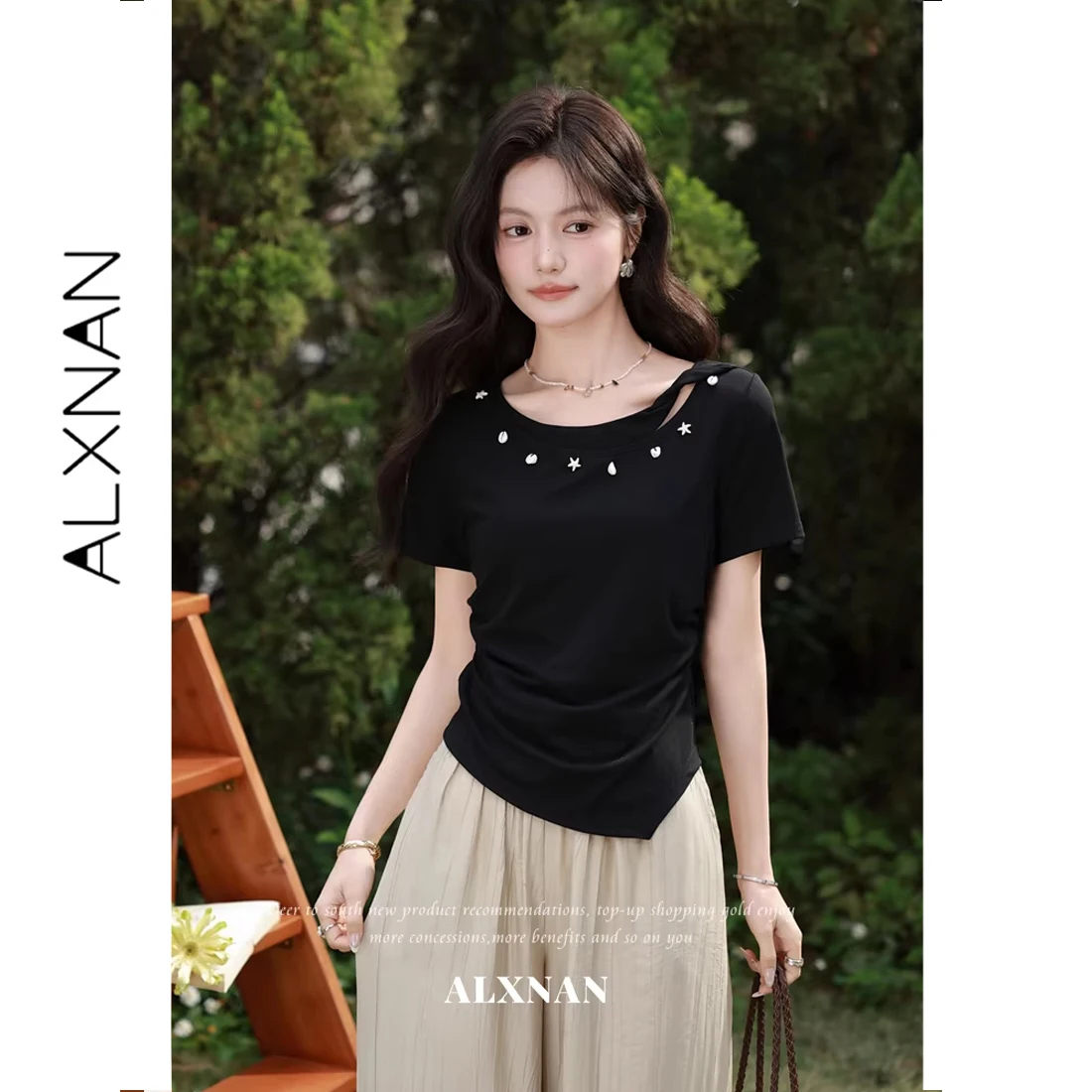 

ALXNAN Black T-shirt with Elegant Star Shell Decor Waist Pleats Irregular Hem T-shirts Summer Short Sleeve Tops Ladies L63311