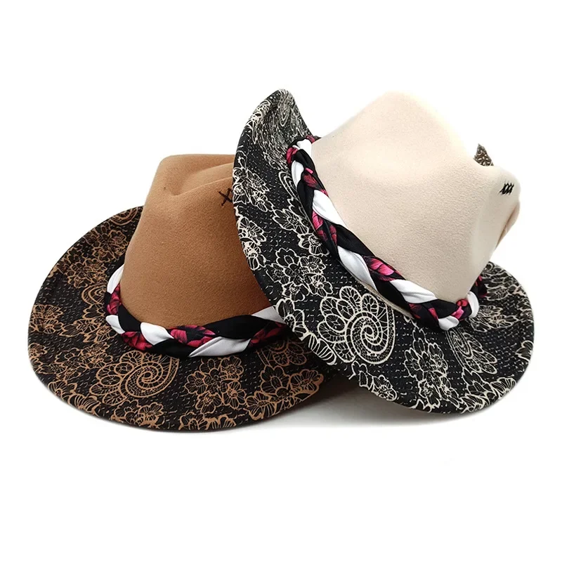 서양 남성과 여성의 가을, 겨울 민족 스타일 재즈 모자, 큰 챙 모자, 모직 복숭아 탑, 카우보이 모자