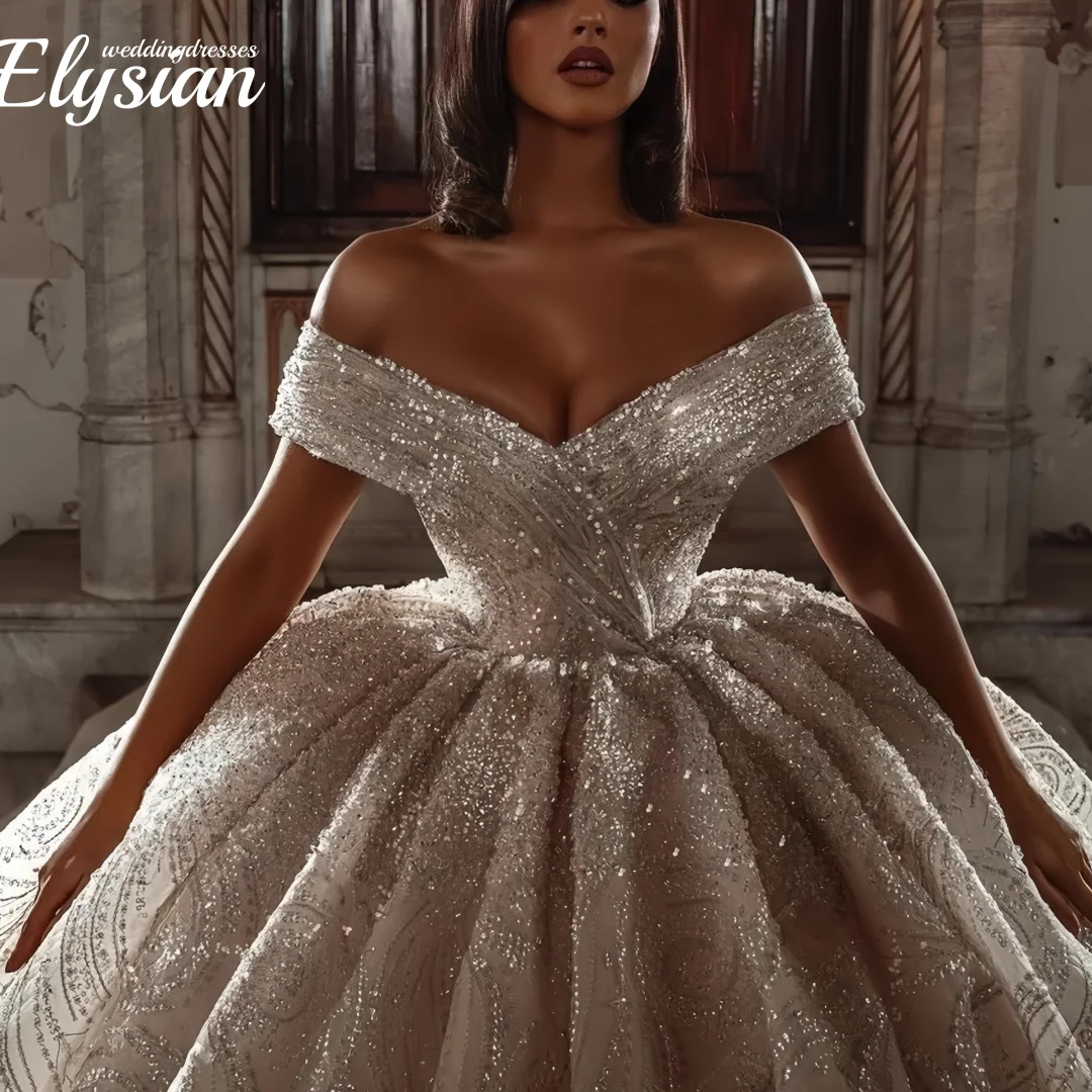 Gaun Pengantin Mewah Model Ball Gown Tanpa Lengan Kerah V Berhias Payet, Renda, Aplikasi, Manik-Manik, dan Berlian Vestina De Novia