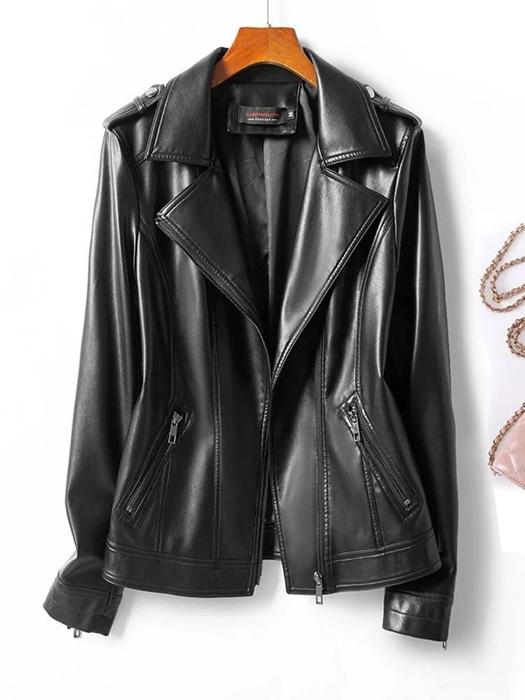 2025年春 レディース ショート丈 ファッション ブラック シープスキン レザー バイカー ジャケット ジッパー開閉 スリムフィット 通勤用 本革コート