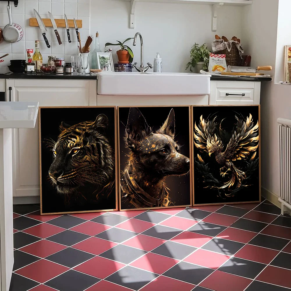 1PC Golden Lion Butterfly Wolf Tiger Poster Paper Home Living Room Entrance Bar Restaurant Art