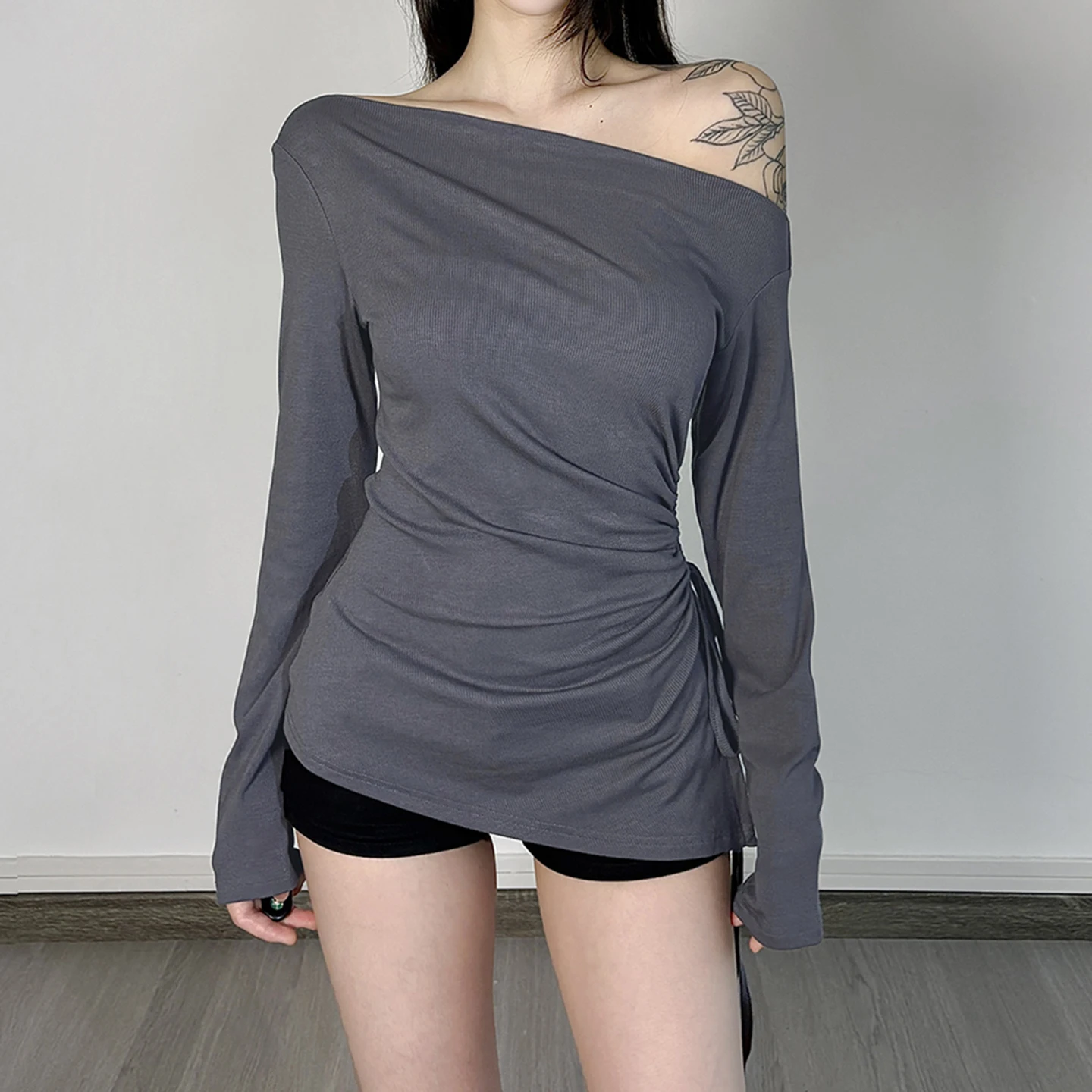 

Slim-Fitting Ruched Side Drawstring Bandage T-Shirt Sexy Off-Shoulder Long Sleeve Tees Women 2025 Fashon Casual Streetwear Tops
