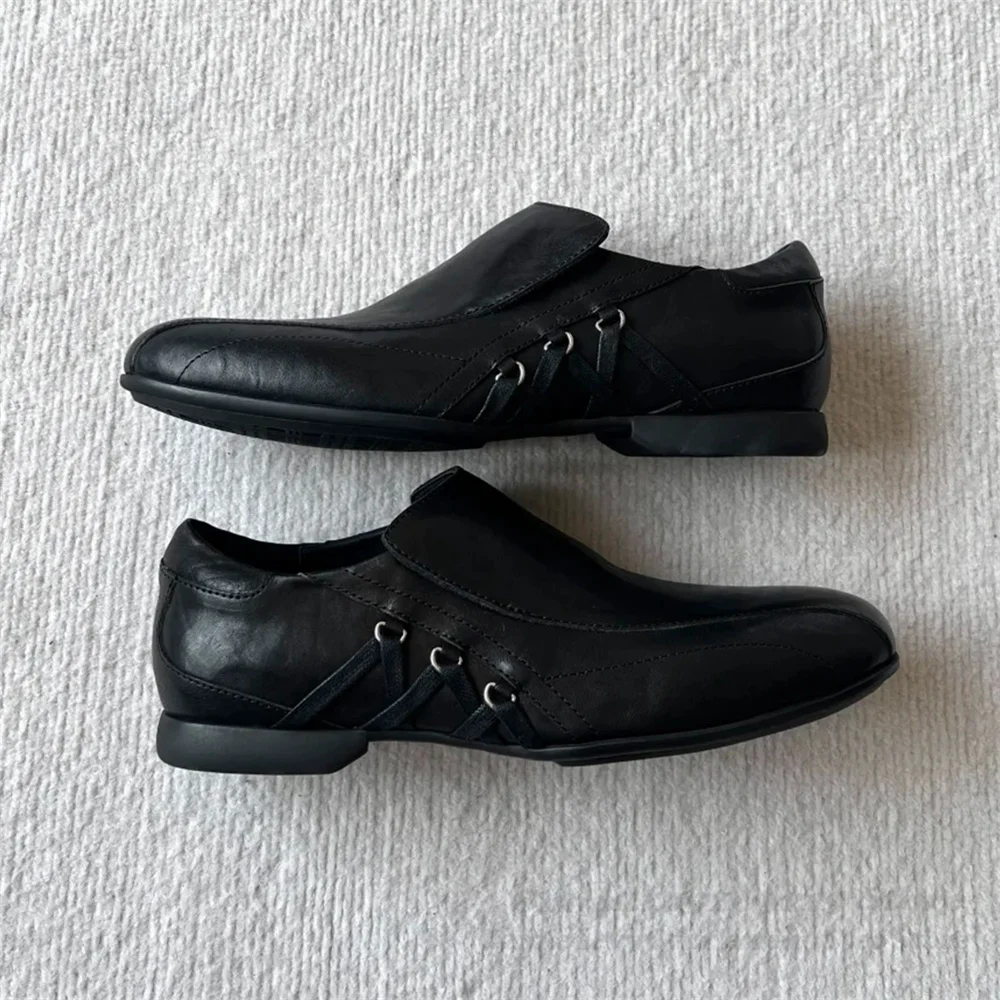 Black Washed Genuine Leather Strap Square Toe Racing Shoes Men One Foot Commuting Luxury Handmade Solid Color Derby Shoes