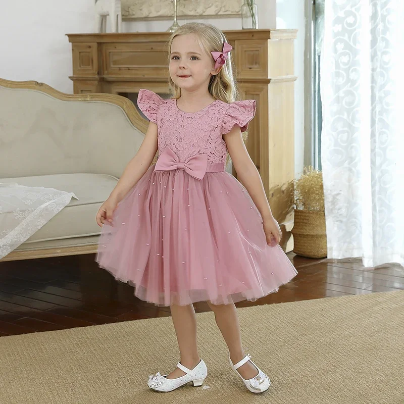 Summer Baby Girls Dress 1 2 3 4 5 Years Birthday Party Wear Beading Ruffles Sleeve Princess Pink Dress Infant Bowknot Tutu Gown