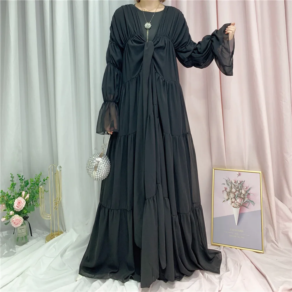 Arabic Abayas For Women Muslim Long Dress Solid Elegant Dubai Kaftan Islam Clothing Ruffle Maxi Robe Kimono Casual Spring Autumn