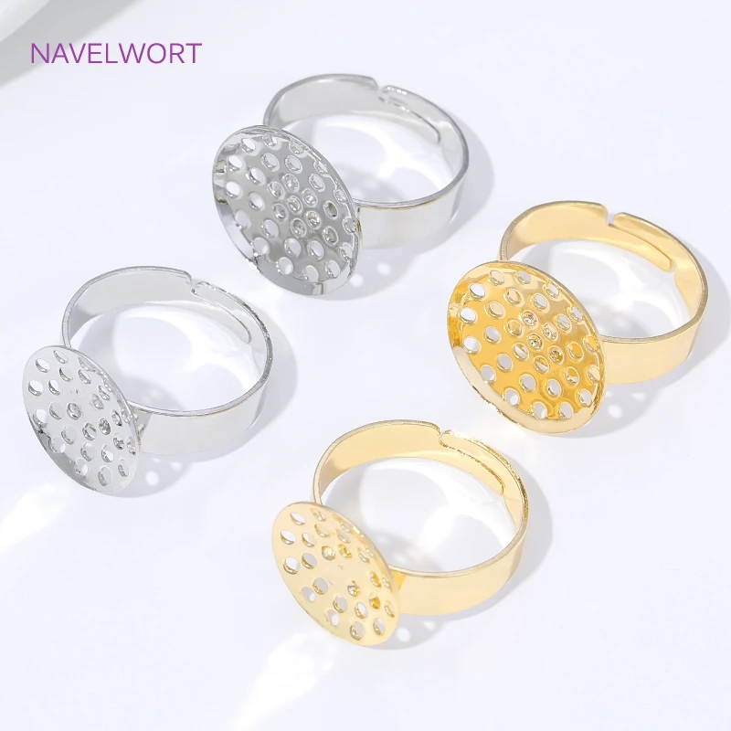 14K vergoldete Messing-Ringbasis, verstellbare Tablett-Cabochon-Fassungen, leere Lünette, Ringe, Embryos, DIY-Schmuckherstellungszubehör