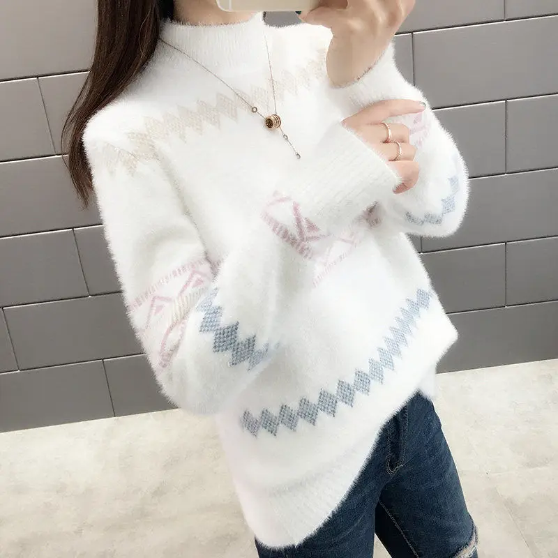 2024 New Autumn Women Fashion Half Turtleneck Sweater Loose Casual Patchwork Faux Mink Fur Cashmere Knitting Pullovers W534
