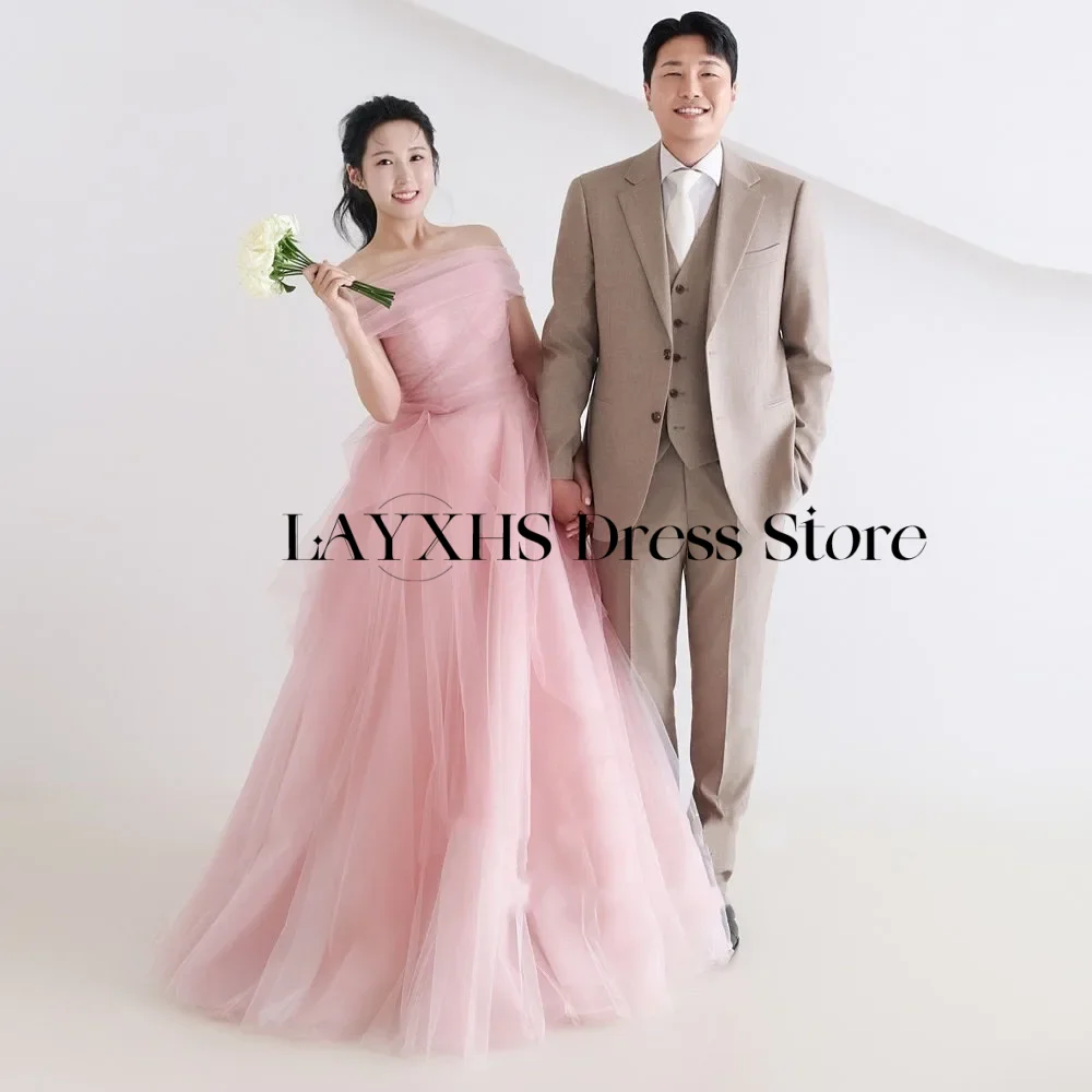Princess Korea Evening Dresses for Women Off Shoulder Tulle A Line Pink Wedding Photo Shoot Party Dress Customized Bridal Gowns