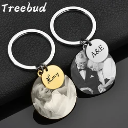 Llaveros con fotos personalizadas Treebud de acero inoxidable para mujeres y hombres, imagen grabada con láser, llaveros con nombre y fecha, regalos de joyería familiar