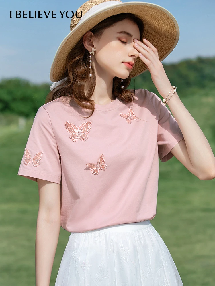 I BELIEVE YOU Women T-shirts Ice Porcelain Cotton Pearl Butterfly Short Sleeve 2024 Summer New Top Chic Casual Blouse 2222014367