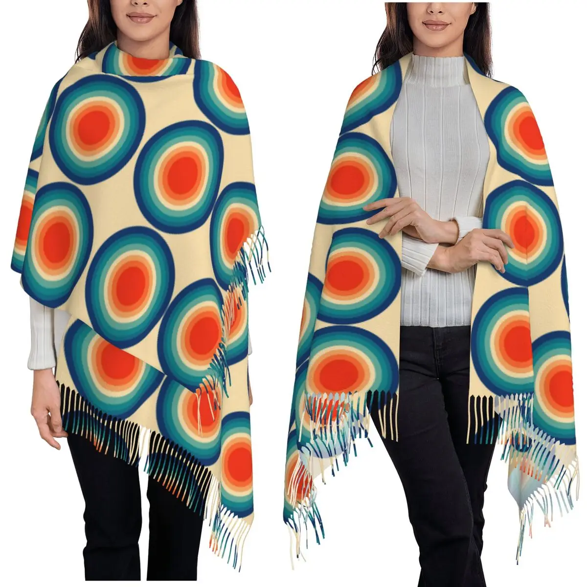 

Шарф середины века с принтом в виде илюзия в горошек, шарф с кисточками для женщин, шали и накидки, длинная осенне-зимняя шаль