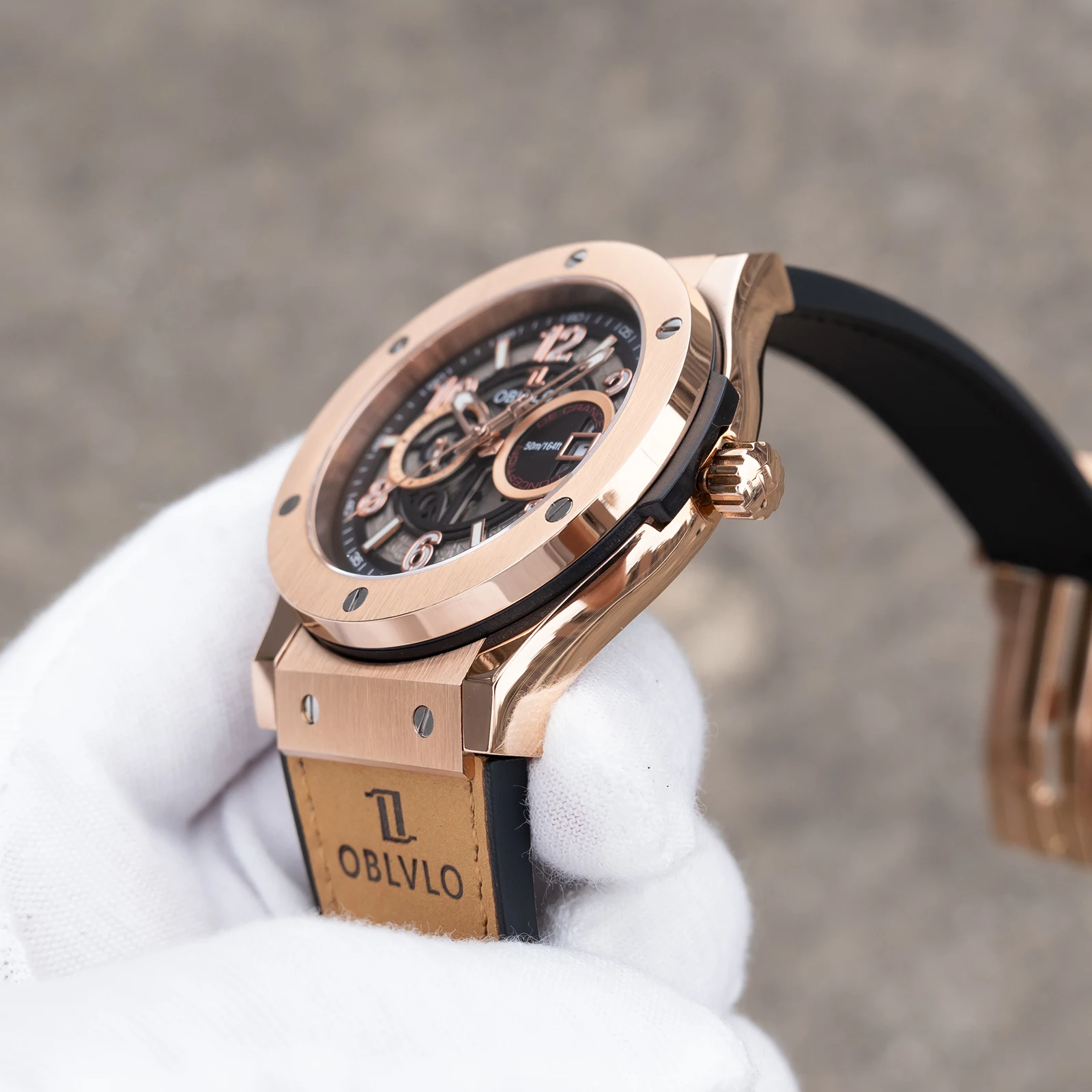 OBLVLO Men's Fashion Rose Gold 44mm Hollow-out Automatic Watch Waterproof Brown Leather Strap Mechanical Clock with Date HM-GT