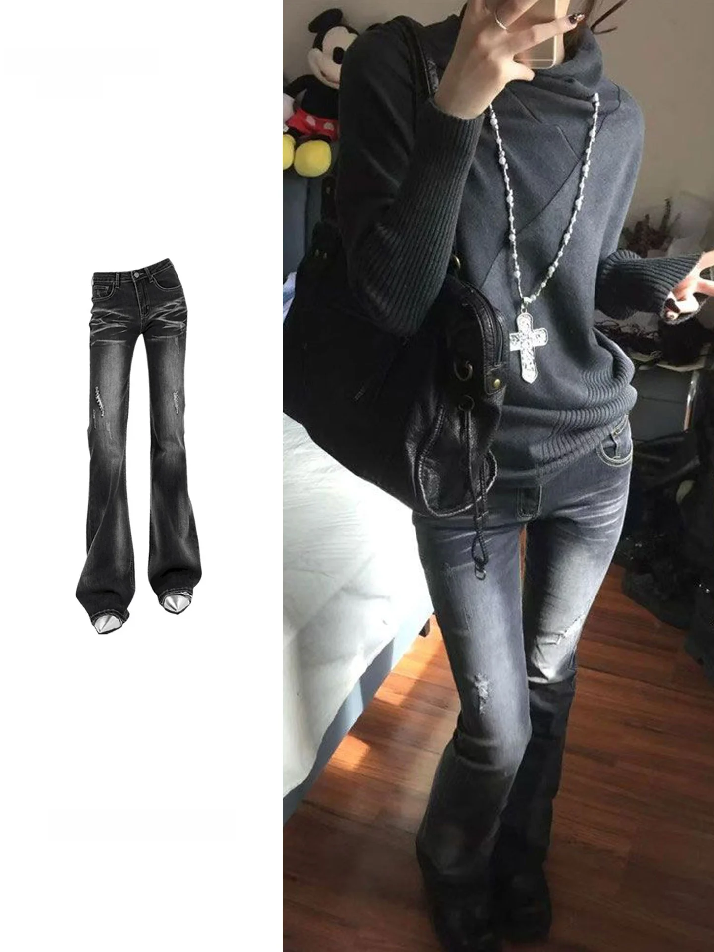 

Low Waist Bell Bottom Jeans Women's plus Size Fashionable Retro Hole American Black Grey Denim Pants Autumn New Style