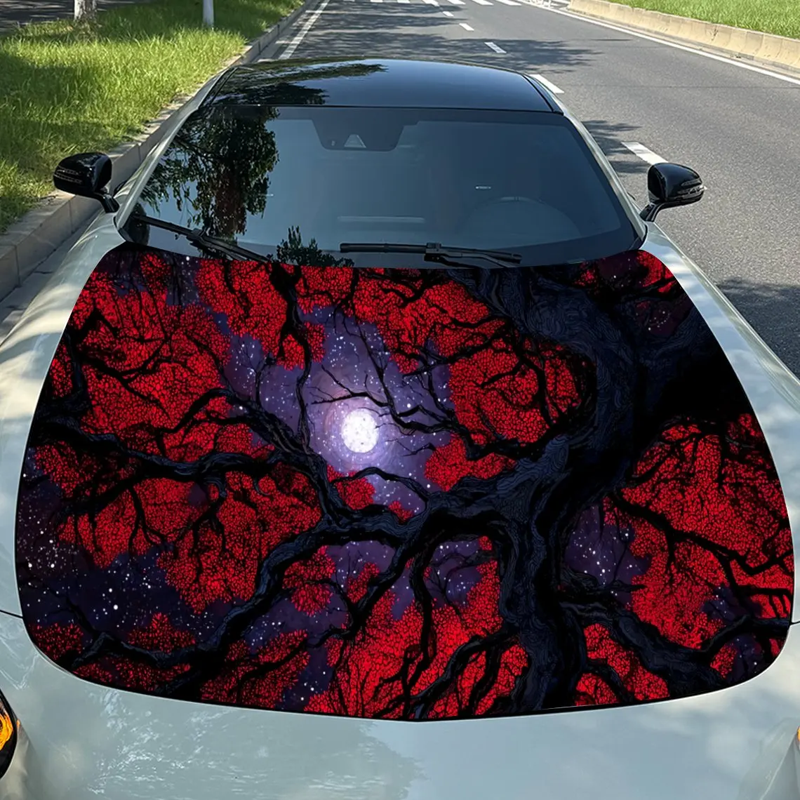 Red Cherry Blossom Moon & Starry Field Car Vinyl Wrap, PVC Material Waterproof Car Hood Sticker, Self-Adhesive Scratch-Resistant