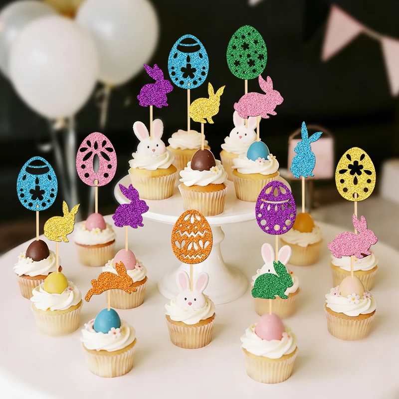 YOMDID 24 Stück Oster-Kuchendekorationen, Osterhasen und Ostereier, Cupcake-Topper für Geburtstage, Osterfeiern