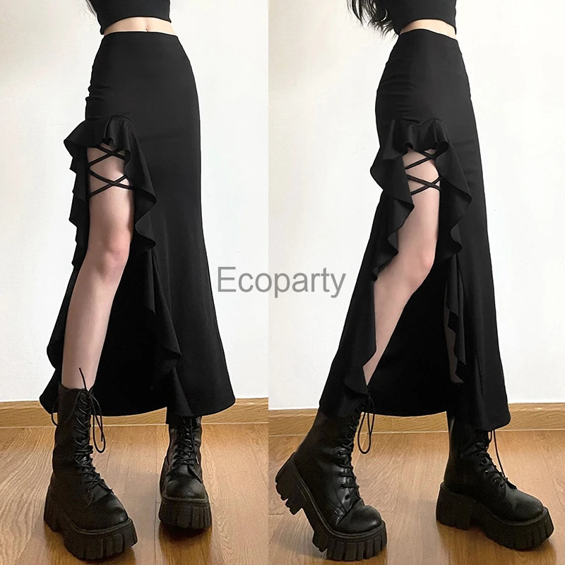 New Gothic Black High Waist Bodycon Mid Skirt Girls Punk Ruffles Split A-Line Skirts Y2k Fashion Women Streetwear Bottoms 2024