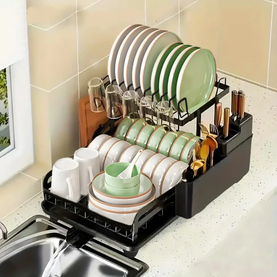 

2Tier Dish Drying Rack for Kitchen Counter Large Collapsible Dish Rack with Drainboard Rustproof NonSlip Design Space Saving Di