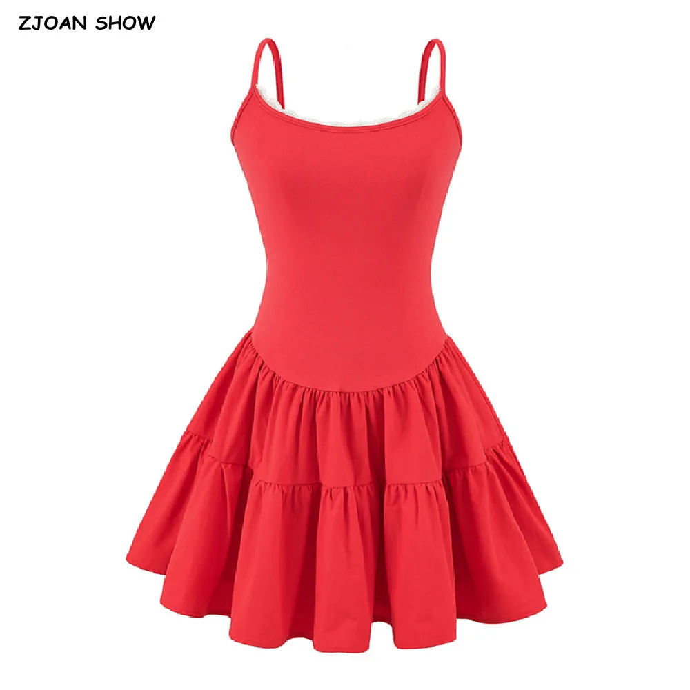 

2025 Retro Hepburn U neck Jersey Spliced Ruched Pleated Swing Sling Dress Women Low Waist Short Dresses Robe Holiday