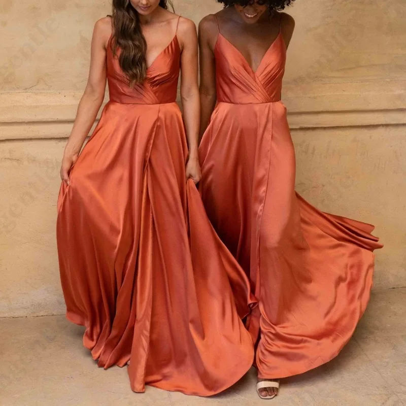 Customized Elegant Burnt Orange Evening Dresses V-Neck Spaghetti-Strap Soft Satin Bridesmaid Dress A-Line Party Gowns Side Slit