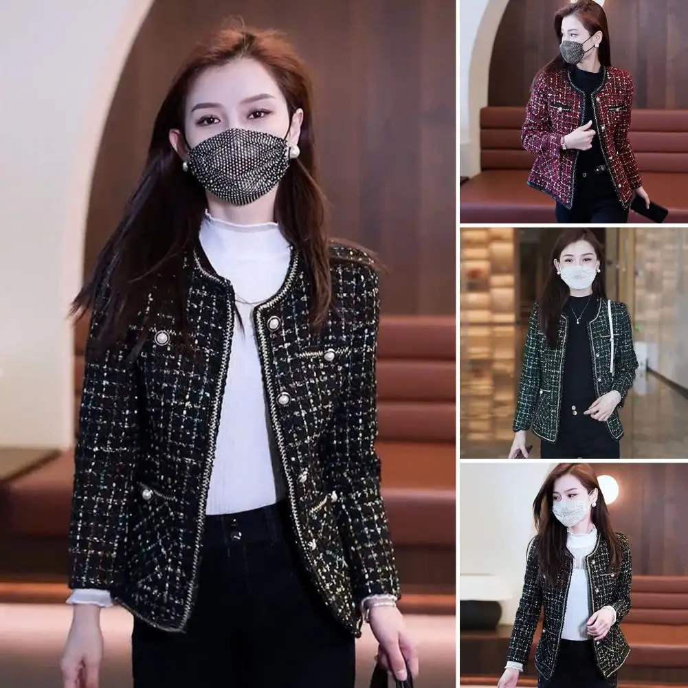 

Color-blocked Women Jacket Stylish Women's Tweed Jacket with Double Breasted Design Cropped for Autumn Winter Featuring Pockets