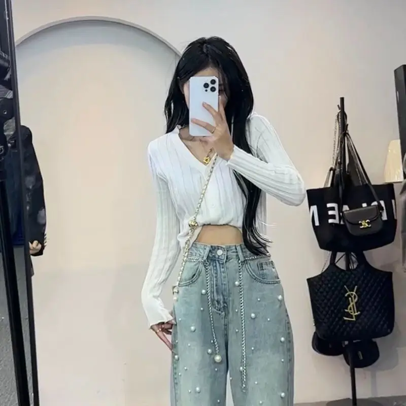 Summer 2023 Faion Pearl Design Loose Wide Leg Jeans Women's High Waist Long Pants Sli Trendy plus Size Versatile Denim