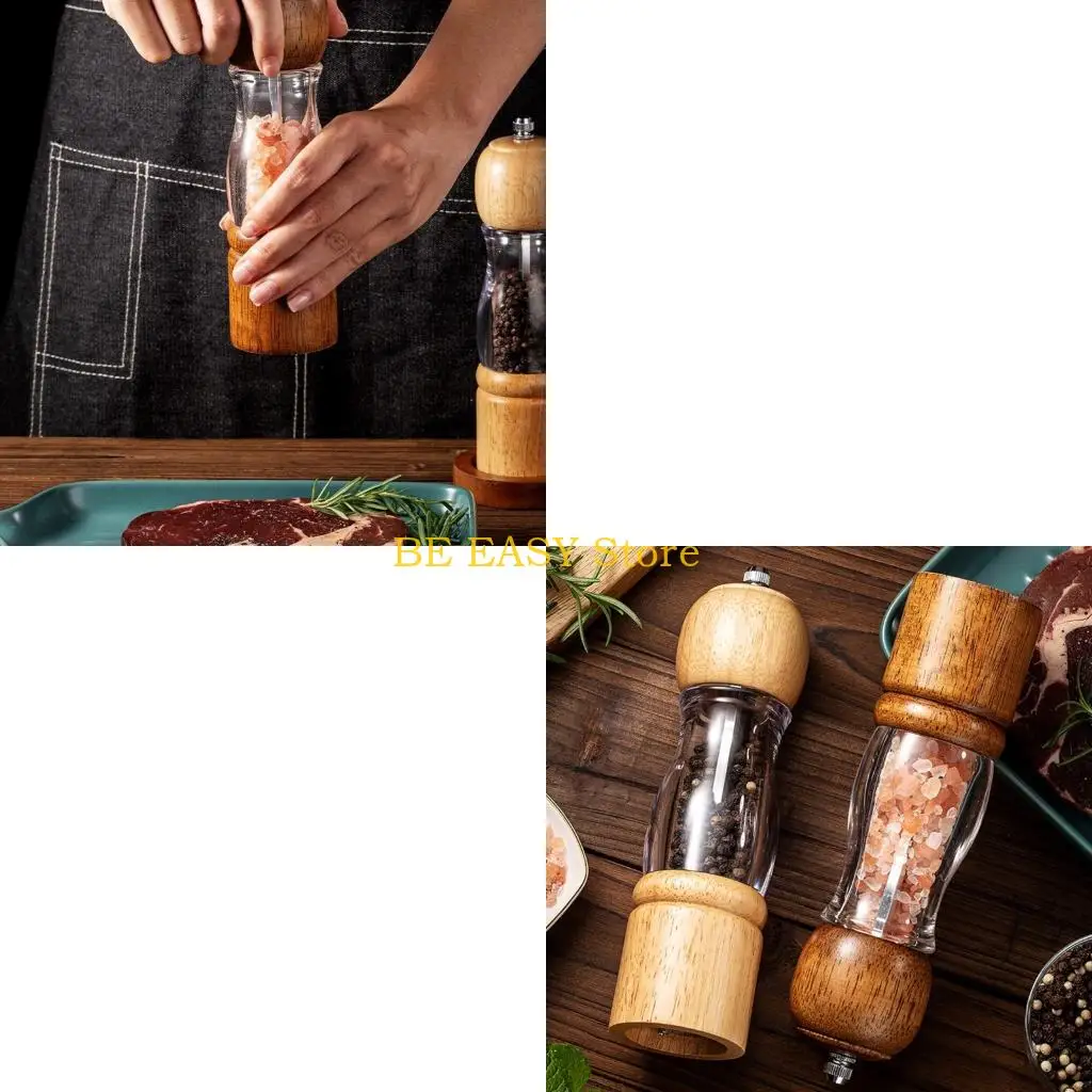 E28F Seasoning Mill Set with Turn Knob Control, Clear Chamber, Pair Design and Wooden Base for Cooking, Dining, Table Service