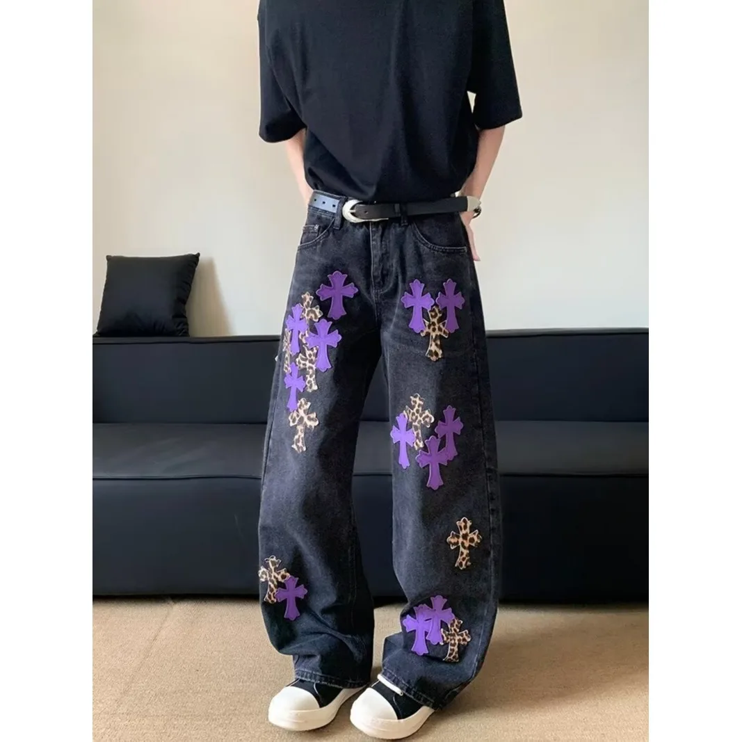 

Trendy Embroidered Jeans Straight Loose Casual High Waist Vintage Waed Men Women American High Street Long Pants