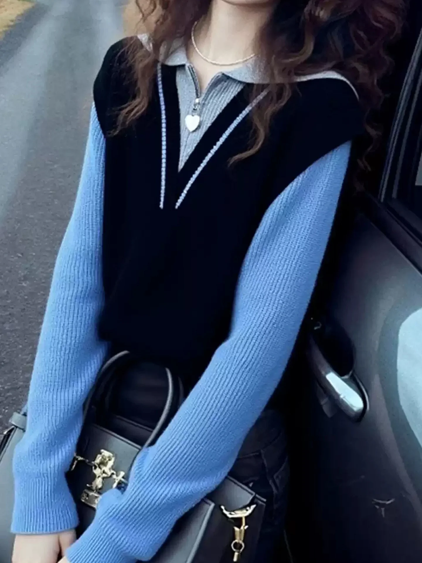 Comodo maglione lavorato a maglia Camere Long Sve Splicing Design Faion Commute Sle da donna Winter Design Sense Fake Two-P...