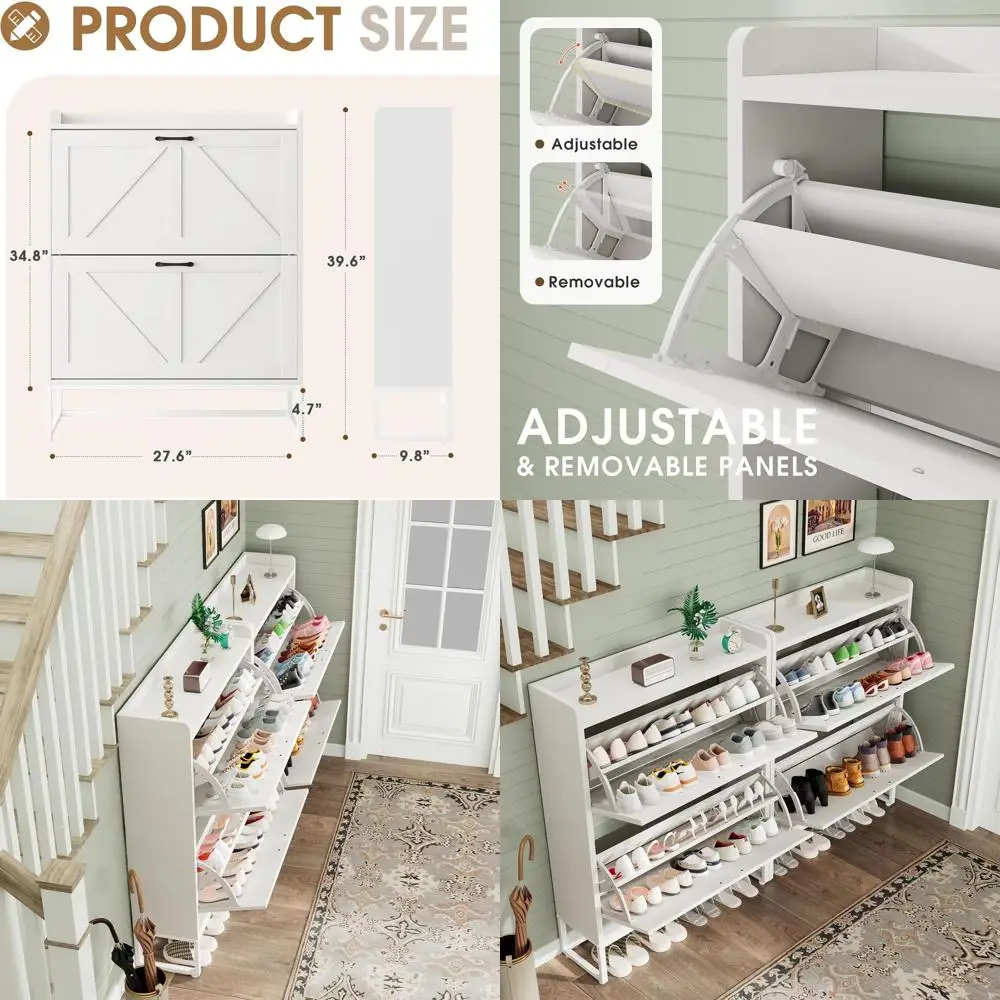 

Space-Saving White Shoe Storage Cabinet with 2 Doors & Adjustable Shelves, Holds Over 16 Pairs for Entryway/Hallway
