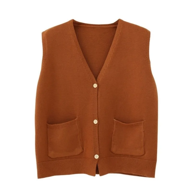 

Вязаный женский весенне-осенний новый свободный простой кардиган с v-образным вырезом и карманами, жилет, куртка