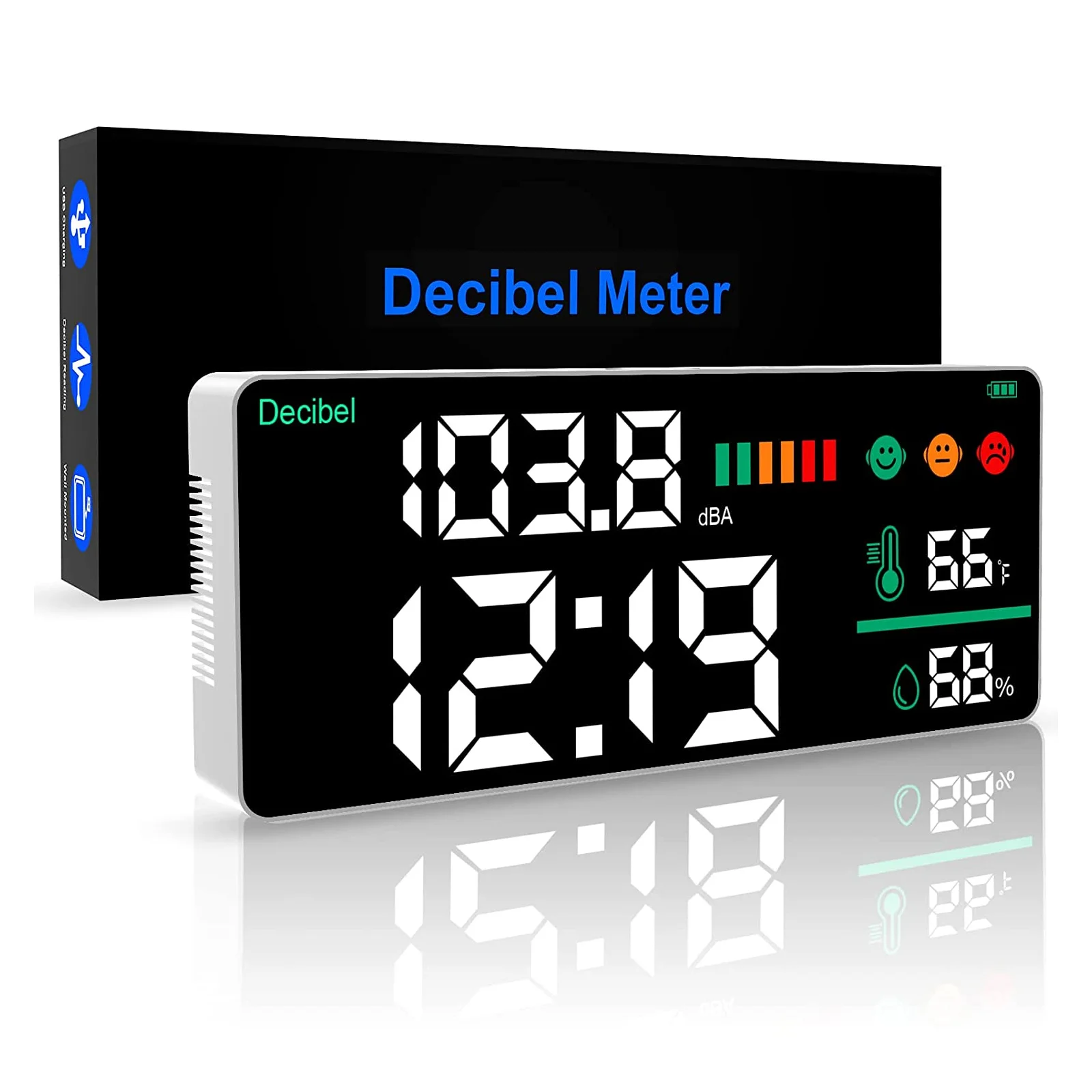 

Digital Decibel Meter 30~130dB, 4-in-1 Wall-Mounted Sound Level Meter with Clock, Humidity & Temp, 11-Inch LED Display for Home