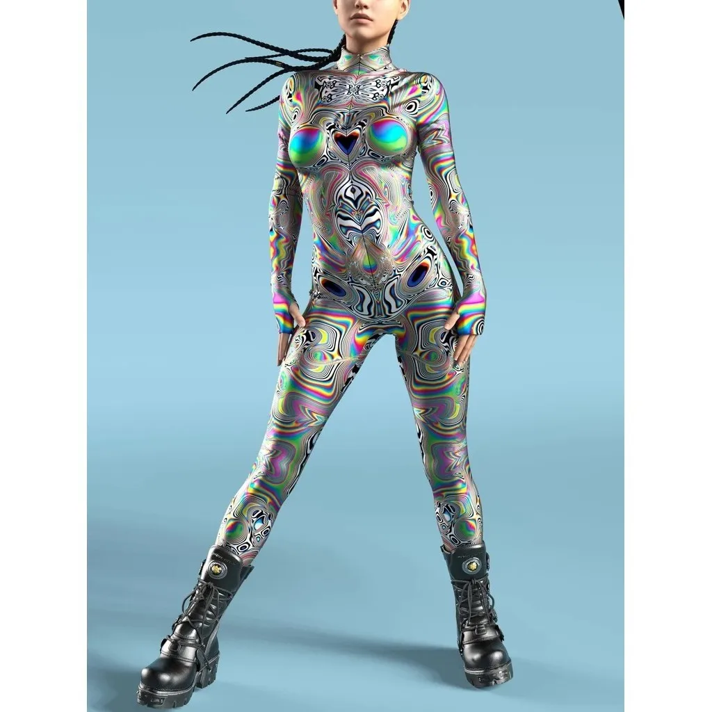 Unisex Cyber Punk 3D Digital Printing Halloween Party Role Play Outfit Women Men Cosplay Costume Carnival Jumpsuit