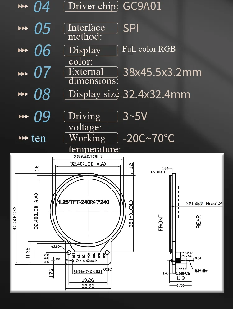1,28/1,54-Zoll rundes TFT-Modul mit 240x240 hochauflösendem IPS-Vollbild-LCD-Display in Vollfarben-RGB – Detail 4