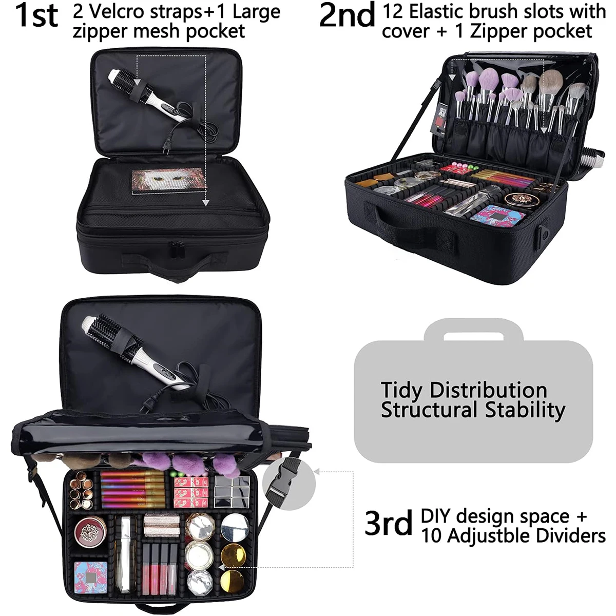 Custodia per trucco da viaggio di grande capacità, organizer portatile per artisti con divisori regolabili e tracolla per gioielli da toilette