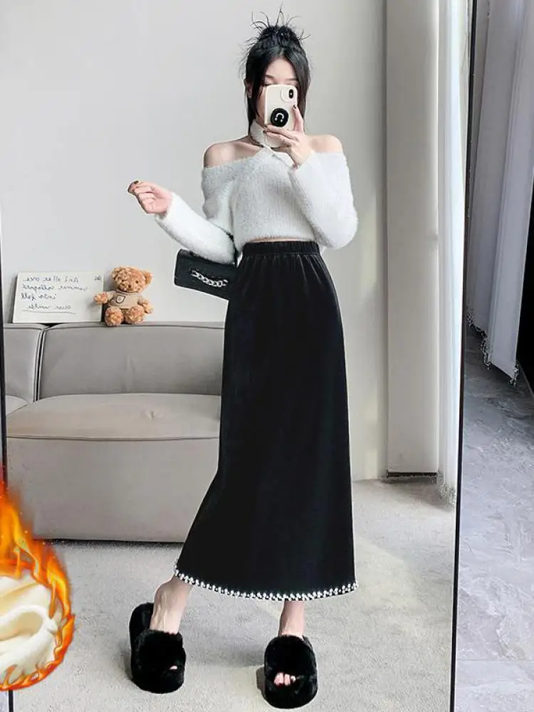 

Korean Vintage Elegant Black Velvet Long Skirt Women Autumn Winter High Waist Fashion Office Ladies Slim Straight Split Skirts