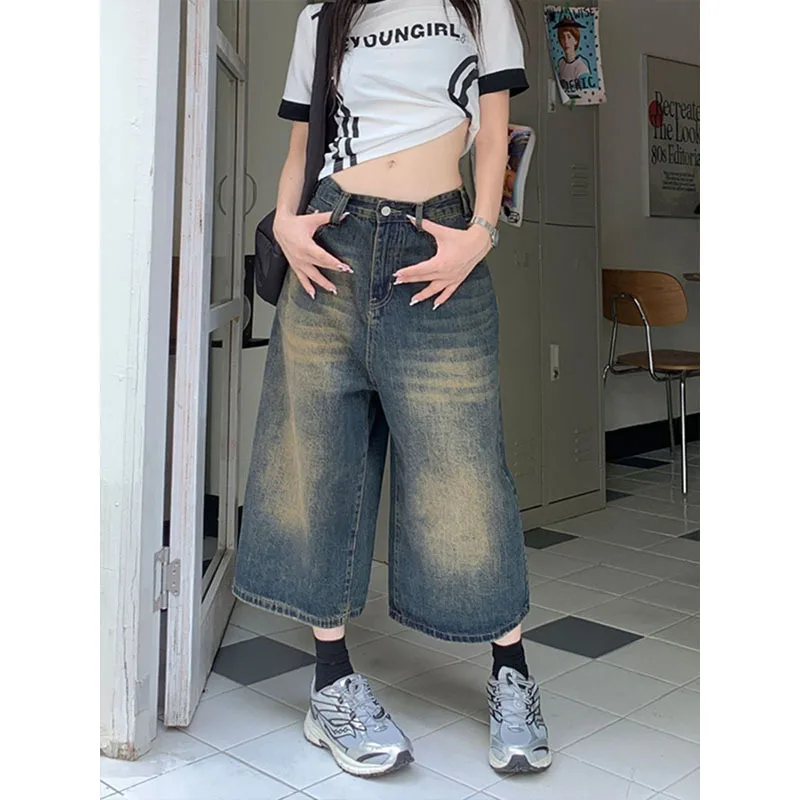 

Women's High Waisted Vintage Washed Cropped Wide Leg Jeans, Retro Baggy Denim Culottes, Casual Streetwear 7/8 Pants